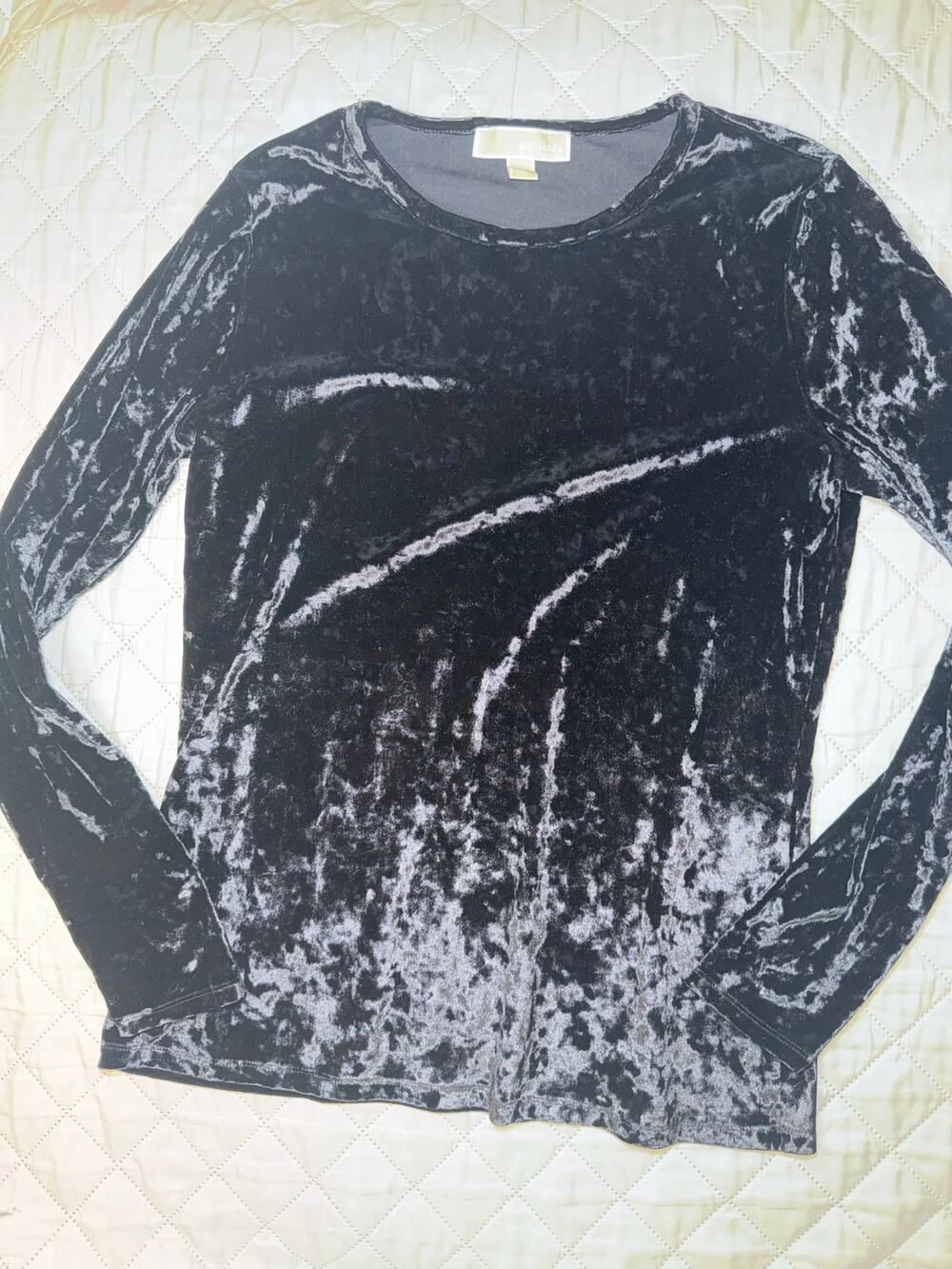 Michael Kors Womens Medium Black Crushed Velvet Top Long Sleeve Stretch Holiday